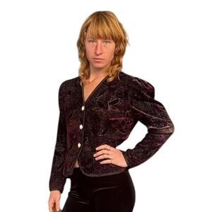 70s 80s Jessica Howard Burnout Velvet Lurex Jacket | Cropped High Low Glam Top